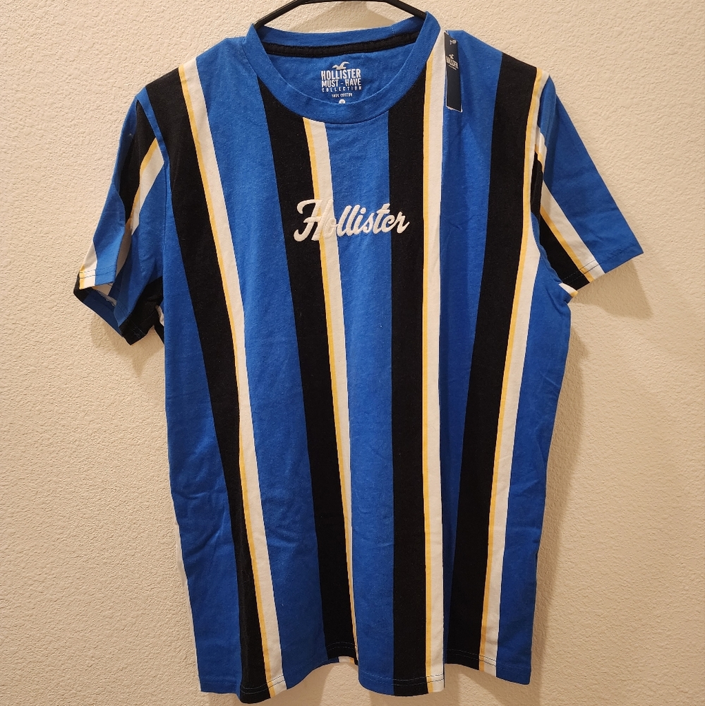 HOLLISTER STRIPED EMBROIDERED LOGO GRAPHIC TEE